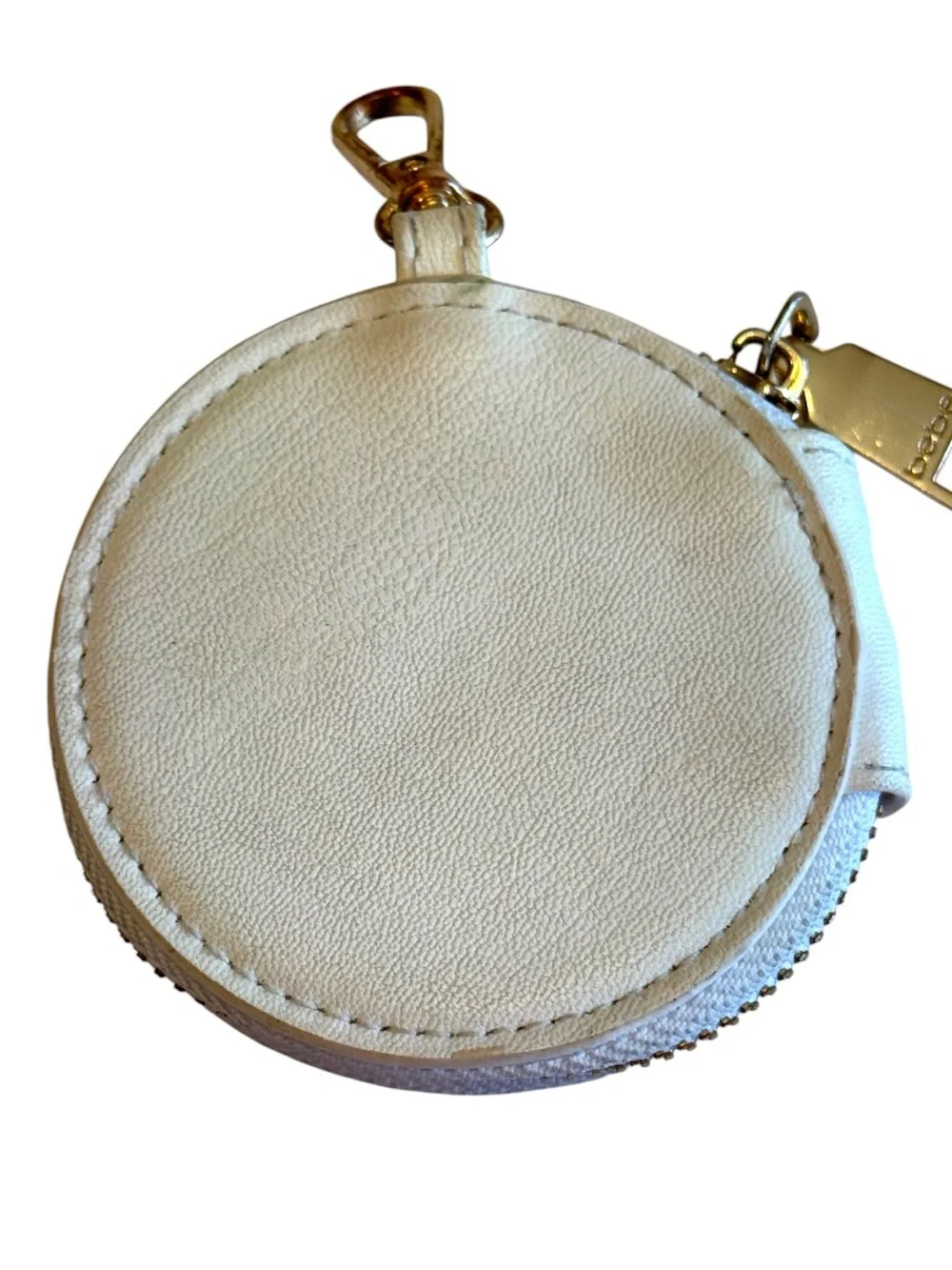 Bebe Round Coin Pouch Ivory Faux Leather Keychain Wallet with Gold Hardware